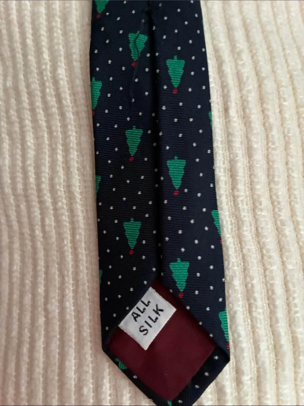 Vintage Horchow Navy Tie with Green Christmas Tree Pattern 100% Silk